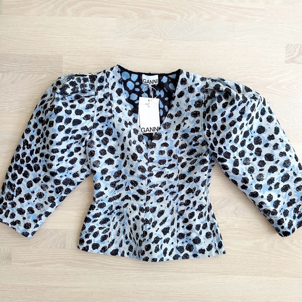 Ganni Jacquard Egret Puff 3/4 Length Sleeve Blouse